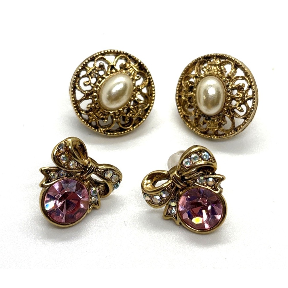 Vintage 1928 Company Lot 2 Pair Gold Tone Earrings Pierced Rhinestone Faux Pearl